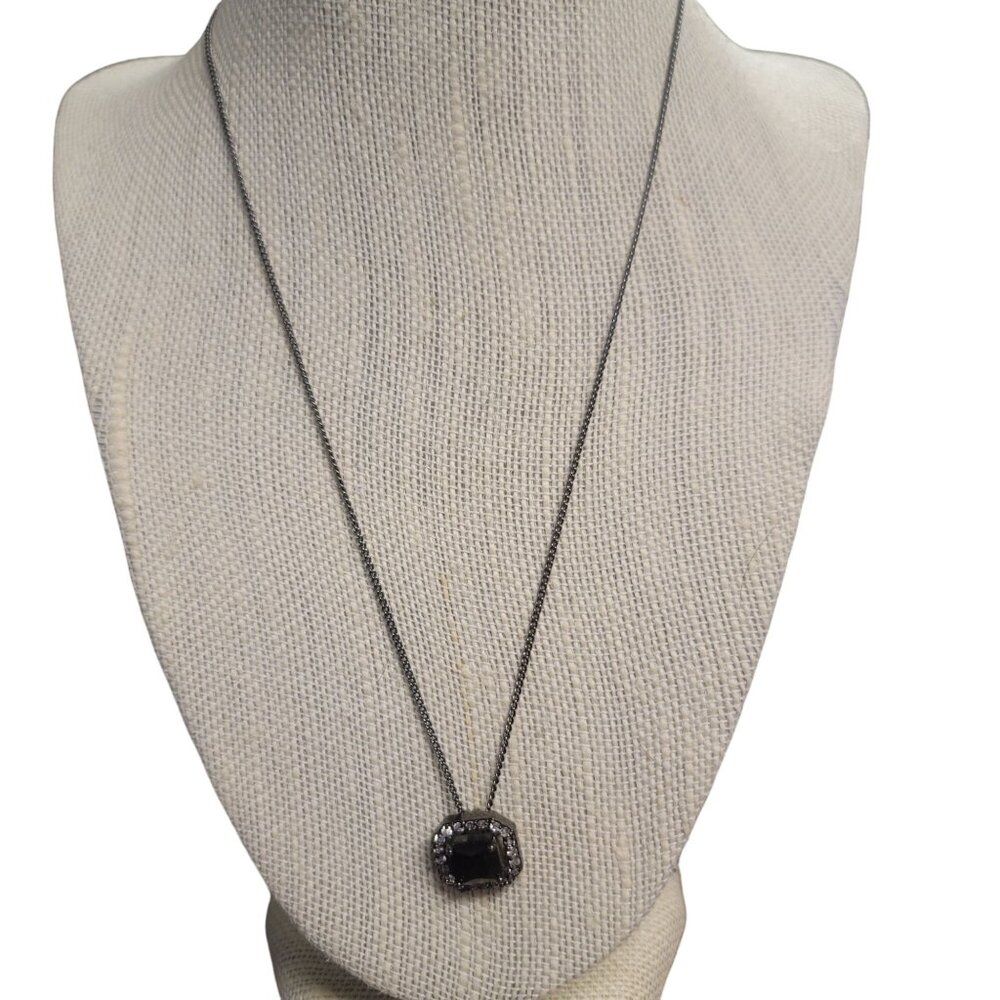 Antique NY Sterling Silver Pendant Necklace Black Faceted Stone Rhinestone Halo